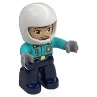Duplo Figure with Helmet White, Dark Blue Legs, Police Shirt with Badge and Zipper, Warm Tan Face Print, Medium Azure