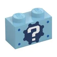 Brick 1 x 2 with '?' on Gear Background and Blue Spots Print, Medium Azure