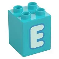 Duplo Brick 2 x 2 x 2 with Light Aqua 'E' Print, Medium Azure