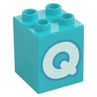 Duplo Brick 2 x 2 x 2 with Light Aqua 'Q' Print, Medium Azure