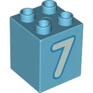 Duplo Brick 2 x 2 x 2 with Light Aqua '7' Print, Medium Azure