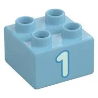 Duplo Brick 2 x 2 with Light Aqua '1' Print, Medium Azure