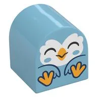 Duplo Brick 2 x 2 x 2 Curved Top with Sitting Bird, White Face with Closed Eyes, Bright Light Orange Feet Print, Medium Azure