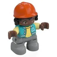 Duplo Figure Child with Hair and Riding Helmet Orange, Bright Bluish Grey Legs, Medium Blue Jacket Print, Medium Azure