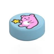 Tile Round 1 x 1 with Pink Bear, Star Print, Medium Azure