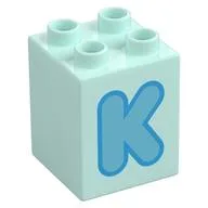 Duplo Brick 2 x 2 x 2 with Medium Azure 'K' Print, Light Aqua