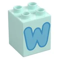 Duplo Brick 2 x 2 x 2 with Medium Azure 'W' Print, Light Aqua