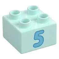 Duplo Brick 2 x 2 with Medium Azure '5' Print, Light Aqua