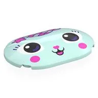 Brick Round, Curved 4 x 6 x 2/3 with Face, White/Dark Purple Eyes, Dark Pink Cheeks, Nose, Tiara Print, Light Aqua
