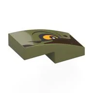 Brick Curved 2 x 1 No Studs with Yellow Eye Left, Dark Brown Shape Print, Olive Green