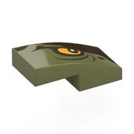 Brick Curved 2 x 1 No Studs with Yellow Eye Right, Dark Brown Shape Print, Olive Green