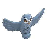 Animal, Bird, Owl Small with Open Wings, Angular Features with Orange Eyes and Beak and Dark Bluish Gray and White Rippled Chest Feathers Print, Sand Blue