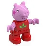 Duplo Figure Child, Pig with Dark Pink Cheeks, Big Smile, Leave Print, Red