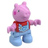 Duplo Figure Child, Pig with Dark Pink Cheeks, Flower, Bright Light Blue Overall Print (Peppa Pig), Red