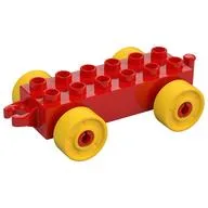 Duplo Car Base 2 x 6 with Fake Bolts, Open Hitch End and Yellow Wheels, Red