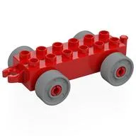 Duplo Car Base 2 x 6 with Fake Bolts, Open Hitch End and Light Bluish Gray Wheels, Red
