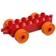 Duplo Car Base 2 x 6 with Fake Bolts, Open Hitch End and Orange Wheels, Red
