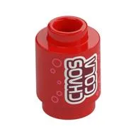 Brick Round 1 x 1 with White 'CHAOS COLA' Print, Red