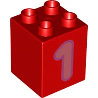 Duplo Brick 2 x 2 x 2 with Coral '1' Print, Red
