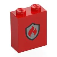 Brick 1 x 2 x 2 with Black/Silver Firefighter Badge Print, Red