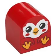 Duplo Brick 2 x 2 x 2 Curved Top with Sitting Bird, White Face with Open Eyes, Bright Light Orange Feet Print, Red