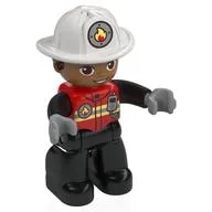 Duplo Figure with Helmet, Black Legs, Jacket with Bright Light Yellow Safety Stripes, Fire Badge, and Radio Print (Firefighter), Red