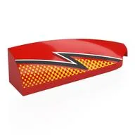 Brick Round, Curved Double 1 x 4 with Stud Notch Right with Black/White Lightning, Bright Light Orange Dots Print, Red