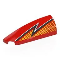 Brick Round, Curved Double 1 x 4 with Stud Notch Left with Black/White Lightning, Bright Light Orange Dots Print, Red