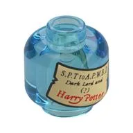 Minifig Head with Tan Label, 'S.P.T. to A.P.W.B.D. Dark Lord and (?) Harry Potter' Print, Trans-Light Blue