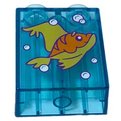 Duplo Brick 1 x 2 x 2 with Yellow/Orange Fish Print, Trans-Light Blue