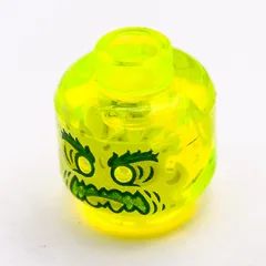 Minifig Head Ghost, Yellowish Green Face, Bushy Eyebrows, Angry, Flames in Back, Trans-Neon Green