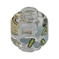 Minifig Head with Lime/Sand Blue Dragon Flies / Tan Label Print, Trans-Clear