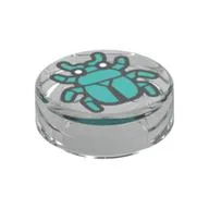 Tile Round 1 x 1 with Dark Turquoise Beetle Print, Trans-Clear
