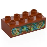 Duplo Brick 2 x 4 with Red, Blue, Lime Leaves, Hidden Picture Print, Dark Orange