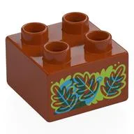 Duplo Brick 2 x 2 with Red, Blue, Lime Leaves, Snail Print, Dark Orange