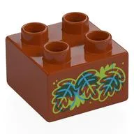 Duplo Brick 2 x 2 with Red, Blue, Lime Leaves, Acorns Print, Dark Orange