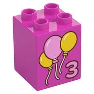 Duplo Brick 2 x 2 x 2 with '3', Bright Pink/Yellow Balloons Print, Dark Pink