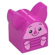 Duplo Brick 2 x 2 x 2 Curved Top with Long Pointed Ears, Piglet Print, Dark Pink