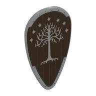 Shield Ovoid with Silver Tree, Stars on Dark Brown Wood Print, Light Bluish Gray