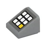 Brick Sloped 30° 1 x 1 x 2/3 with Keypad, 8 White Buttons, 1 Yellow Print, Light Bluish Gray