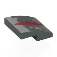 Brick Curved 2 x 2 x 2/3 with Dark Red Stripe, Dark Tan Markings Print, Dark Bluish Gray