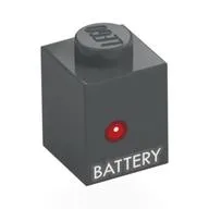 Brick 1 x 1 with 'BATTERY', Red Dot Print, Dark Bluish Gray