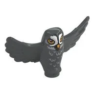 Animal, Bird, Owl Small with Open Wings, Bright Light Orange Eyes, Beak, White Face, Feathers Print, Dark Bluish Gray