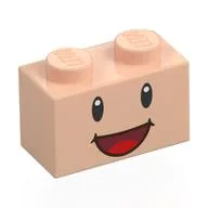 Brick Special 1 x 2 with 2 Studs on 1 Side, with Face, Black Eyes and Open Mouth Smile Print, Light Nougat
