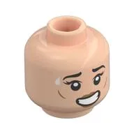Minifig Head Merry Rumwell/Ervan Soulfallen, Thick Black Eyebrows, Nervous Smile, Sweat / Green Mask, Energy Lines, Lime Eyes, Angry, Light Nougat