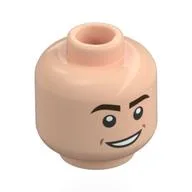 Minifig Head, Dark Brown Eyebrows, Open Mouth Smile / Raised Eyebrows, Open Mouth Print, Light Nougat