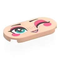 Tile Round 2 x 4 with Face, Dark Turquoise Eyes, Coral Eyeshadow, Cheeks, Lips, Winking Print, Light Nougat