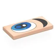 Tile 2 x 4 with White/Blue Eye, Black Eyebrow, Left Print, Light Nougat