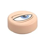 Tile Round 1 x 1 with Squinting Eye, Medium Azure Pupil, Right Print, Light Nougat