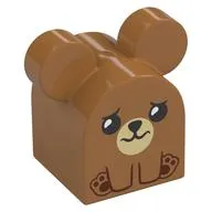 Duplo Brick 2 x 2 x 2 Curved Top with Round Ears, Sad Bear Print, Medium Nougat